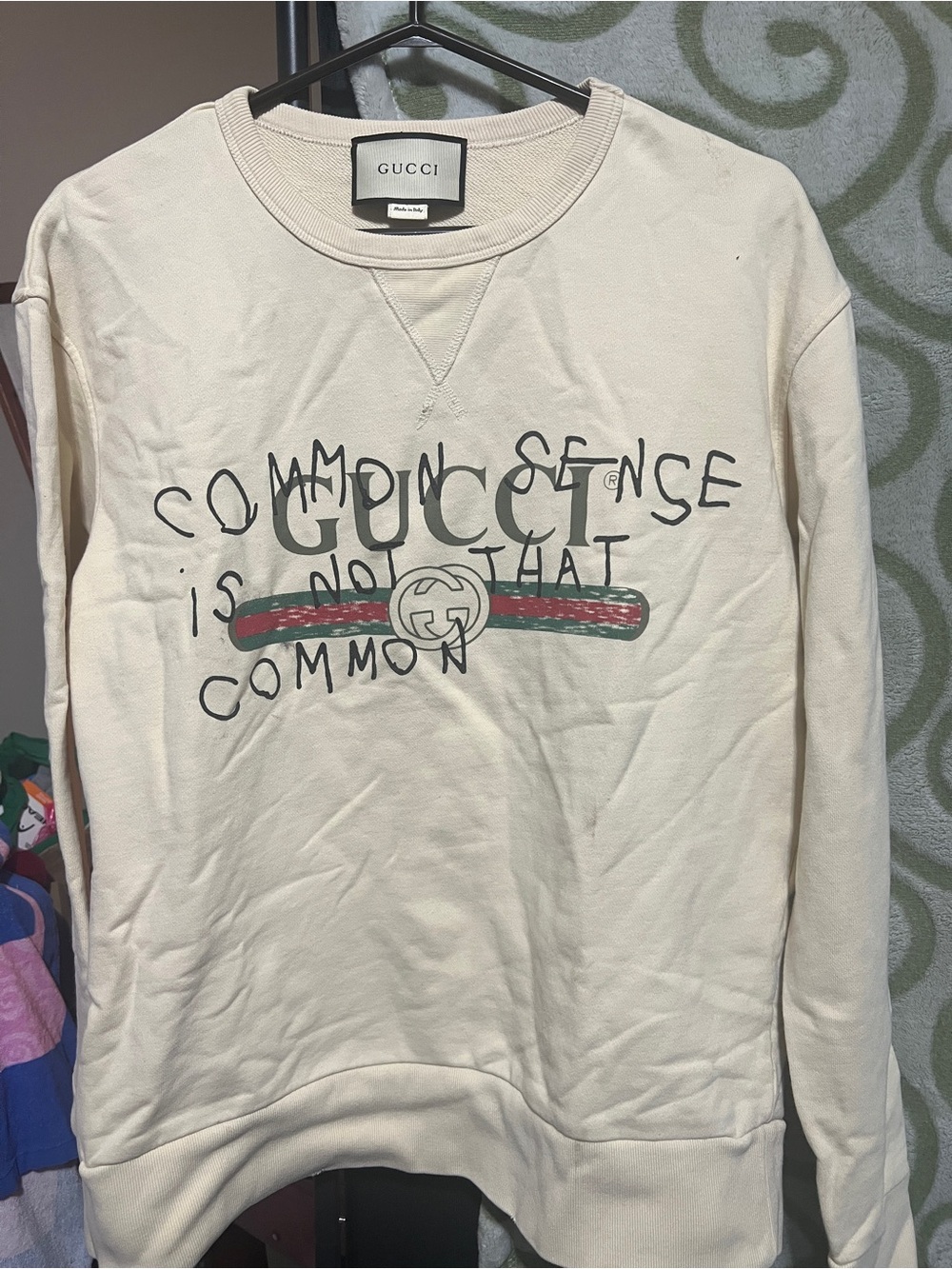 Gucci Cream Common Sense Logo Print Cotton Distressed Sweatshirt